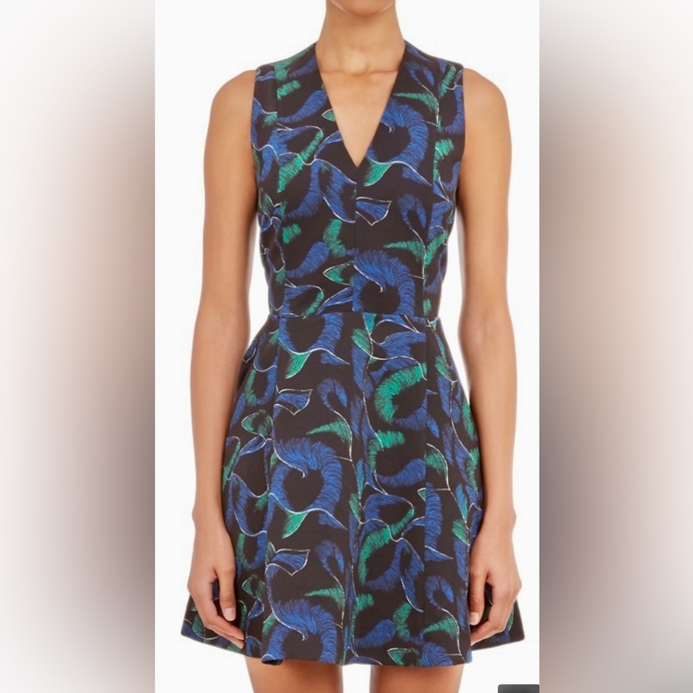 Kenzo Paris Sleeveless Feathered Ribbon Structured A-line Mini Dress w Pockets